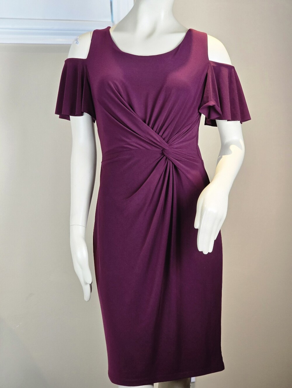 Cold-Shoulder Flutter Sleeve Sheath Dress. Bodycon Flattering Twist-front Drape
